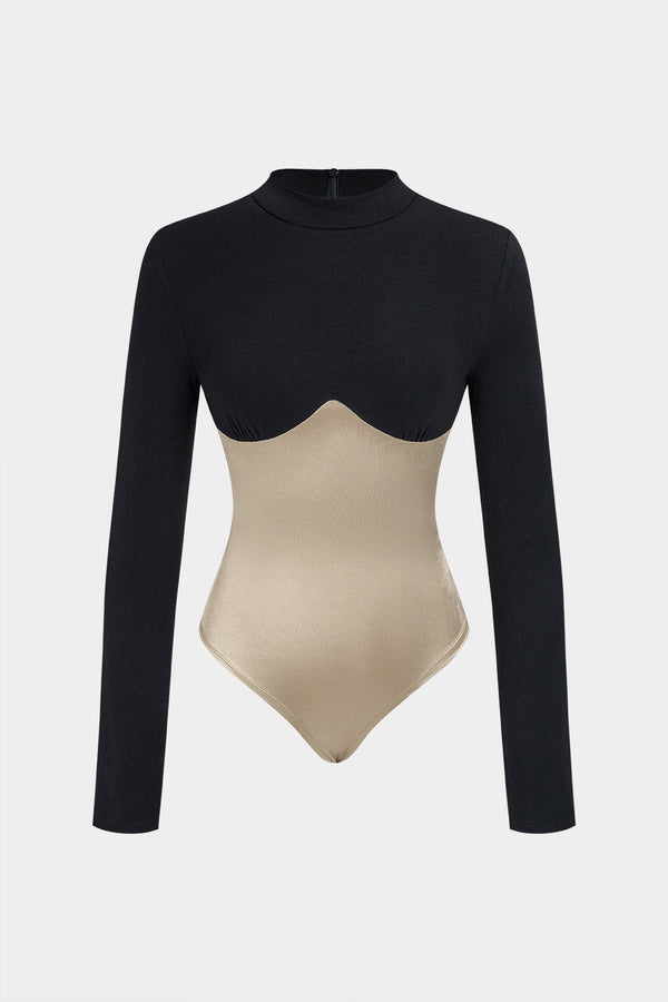 Patchwork body met rits en lange mouwen