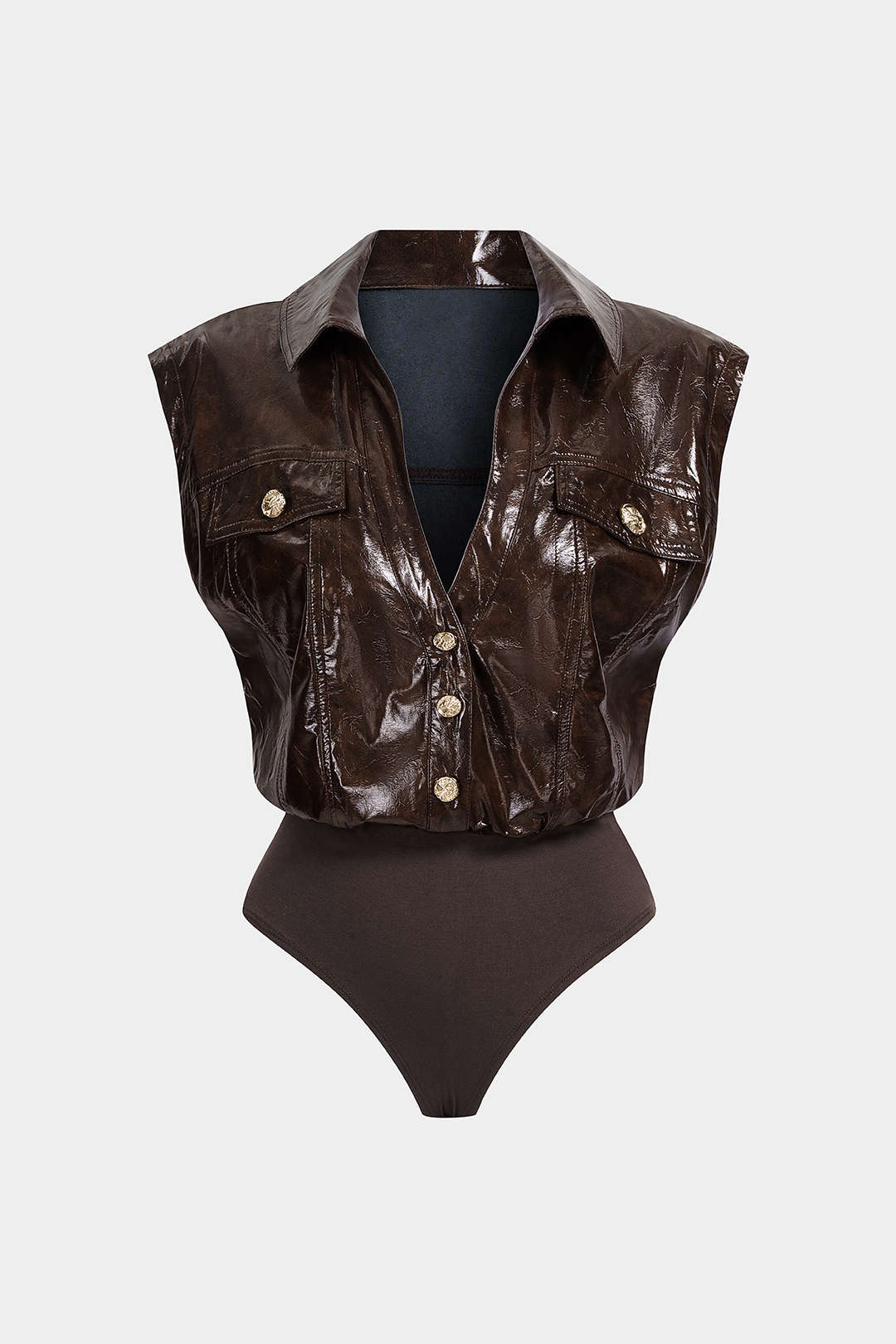 Daphne - Leren-look patchwork body met knoopjes