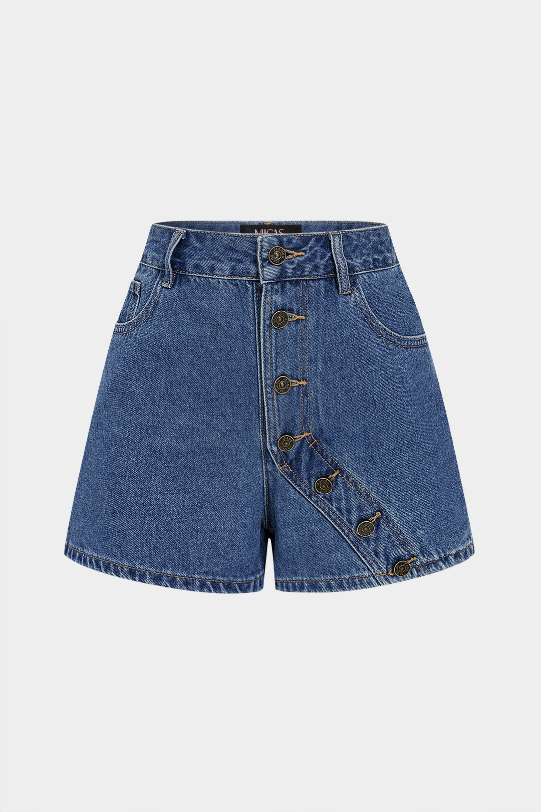 Paula - Denim asymmetrische short met knoopjes