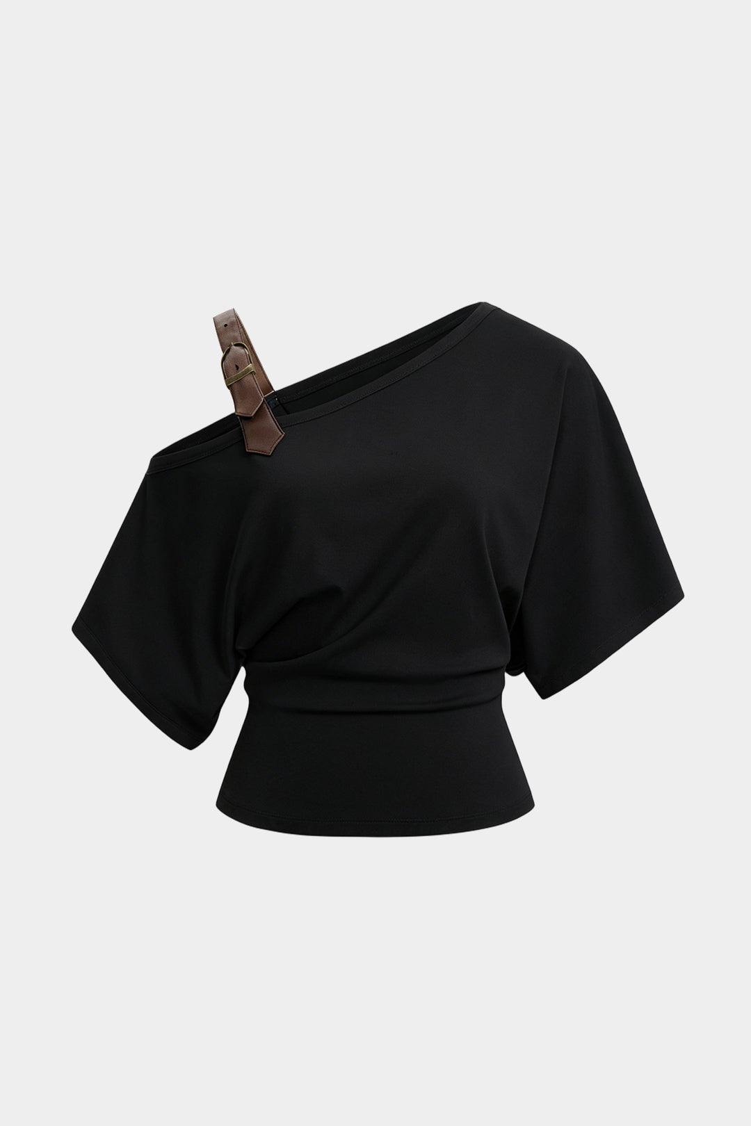 Asymmetrische leren-look top met gesp en één schouder