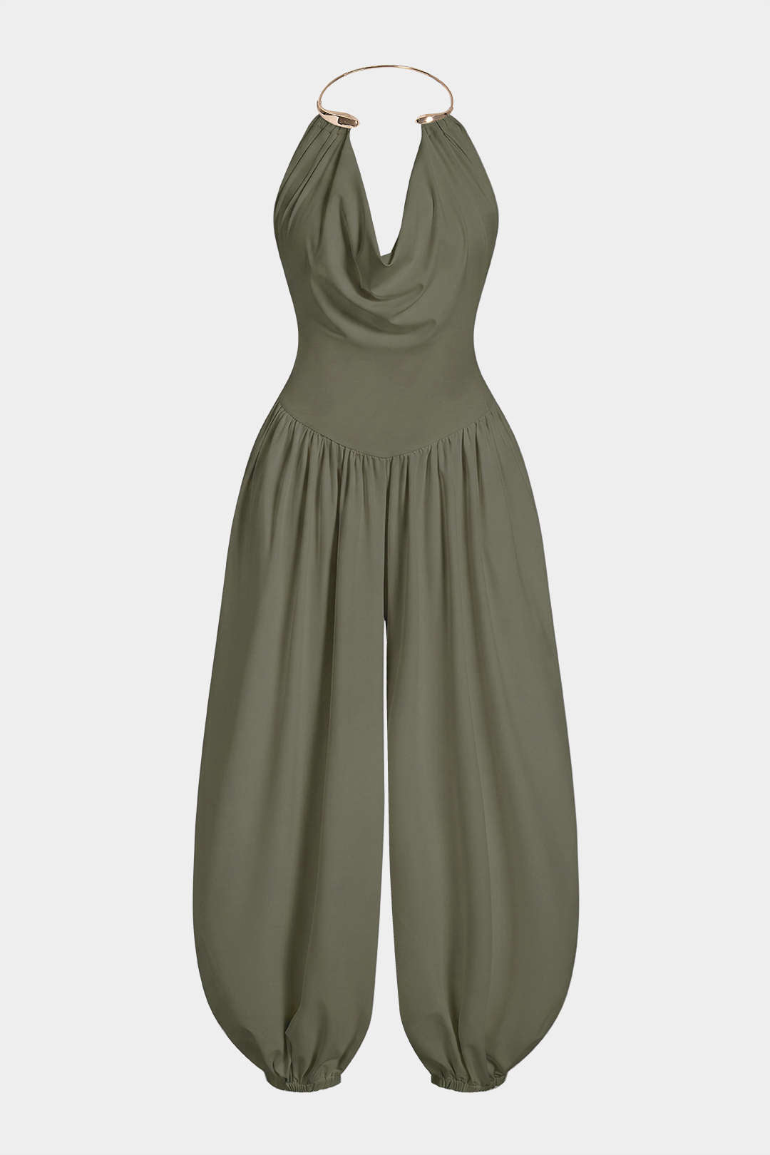 Metallic jumpsuit met drapering, watervalhals en ruches