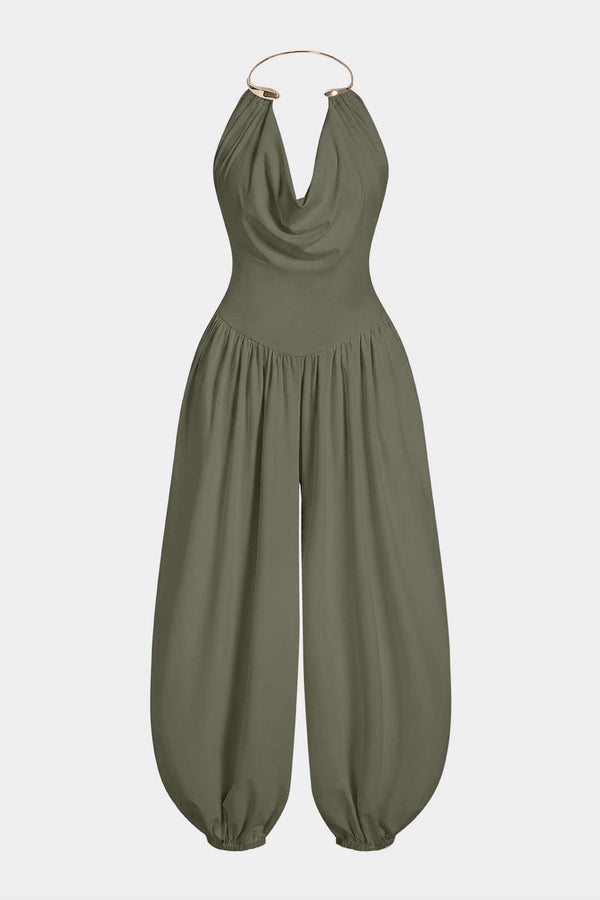 Metallic jumpsuit met drapering, watervalhals en ruches