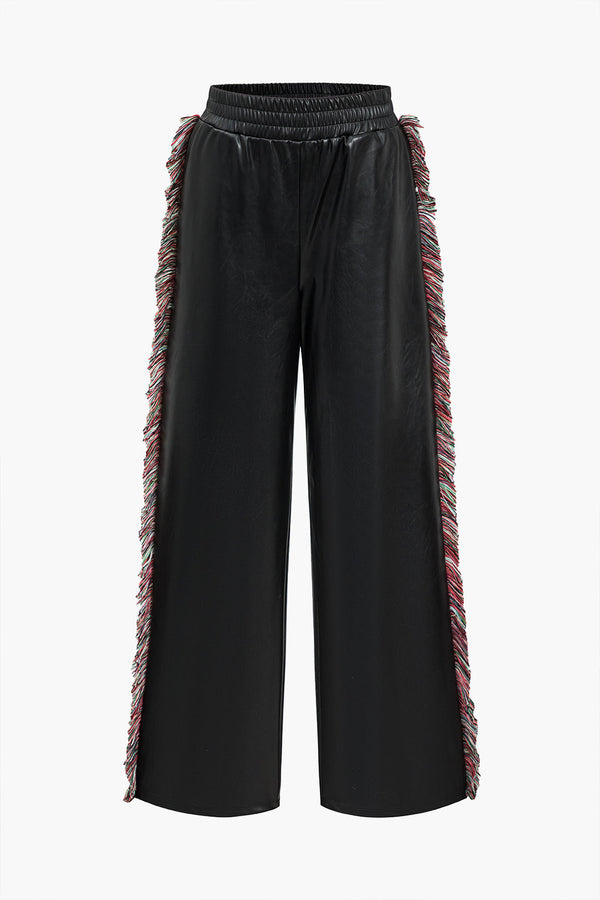 Effen leren-look pantalon met franjes