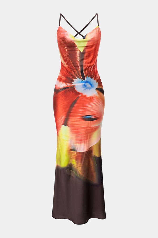 Tie-dye satijnen maxijurk met drapering en watervalhals