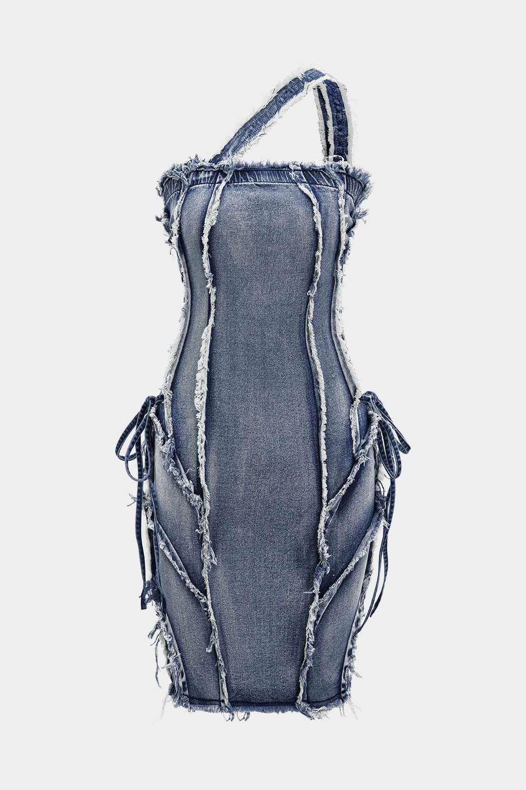 Asymmetrische denim minijurk met rafelrand