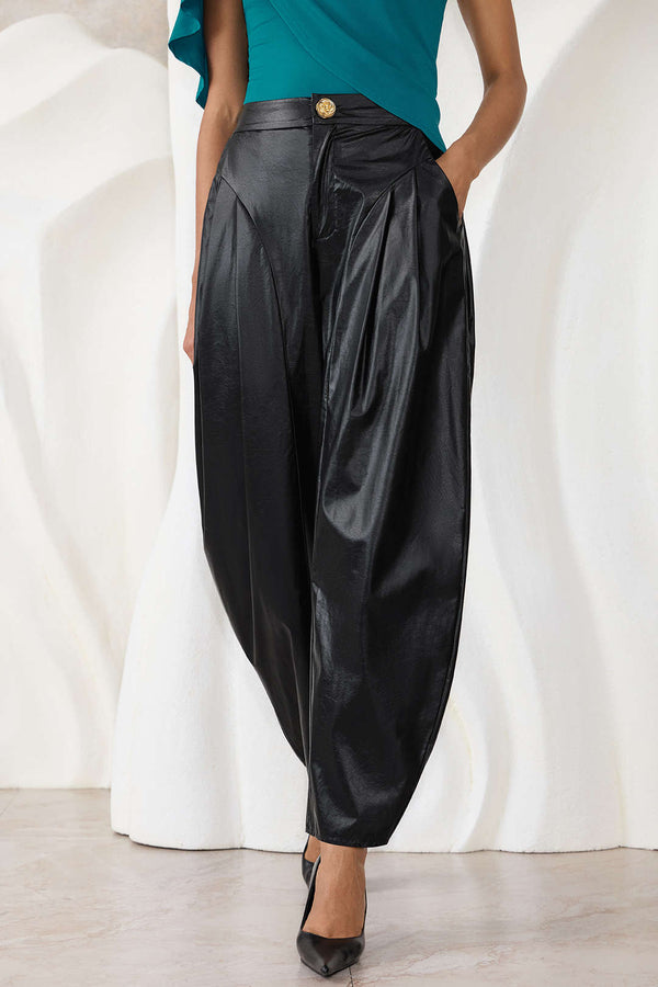 Leren-look metallic broek met ruches