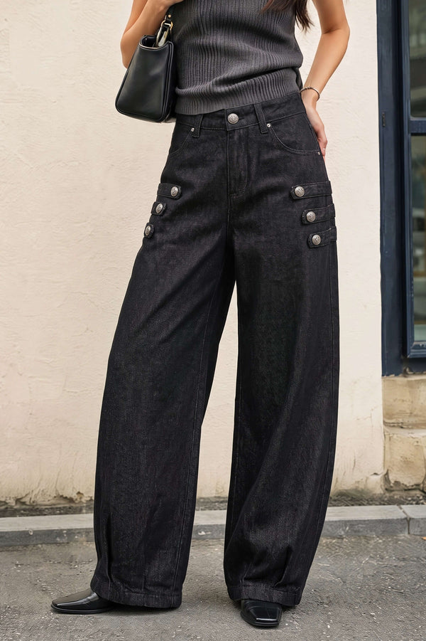 Jeans met knoopjes, hoge taille en wijde pijpen