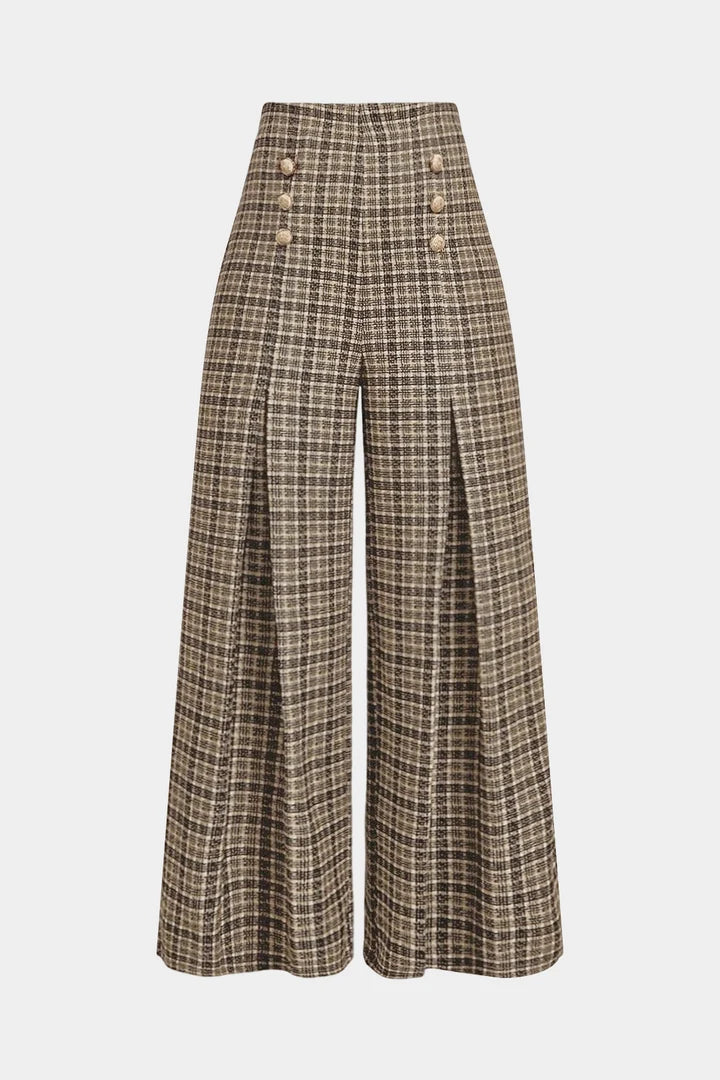 Checked, double-sided high-waisted trousers