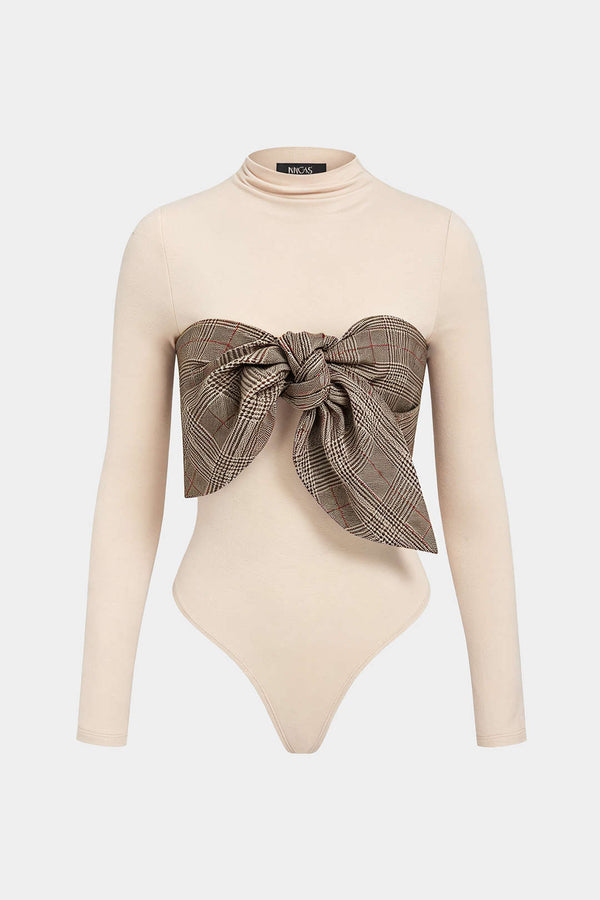 Geruite patchwork body met opstaande kraag en lange mouwen