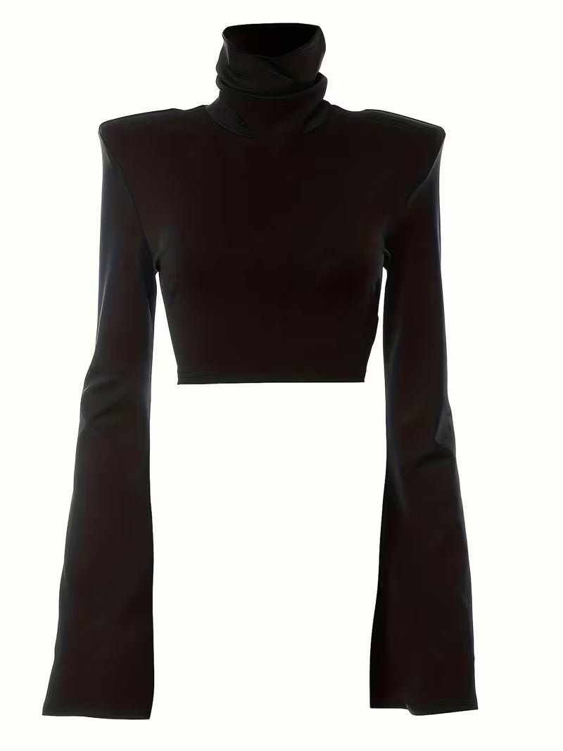 Y2K Crop Top with High Neck and Shoulder Pads
