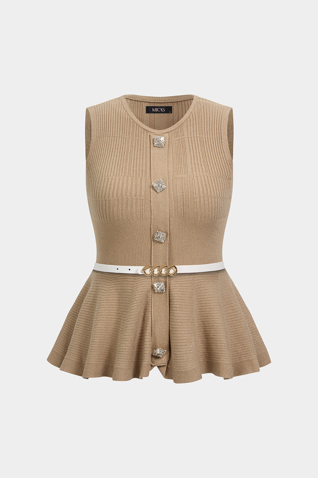 Gebreide tanktop met ronde hals, volants en strass