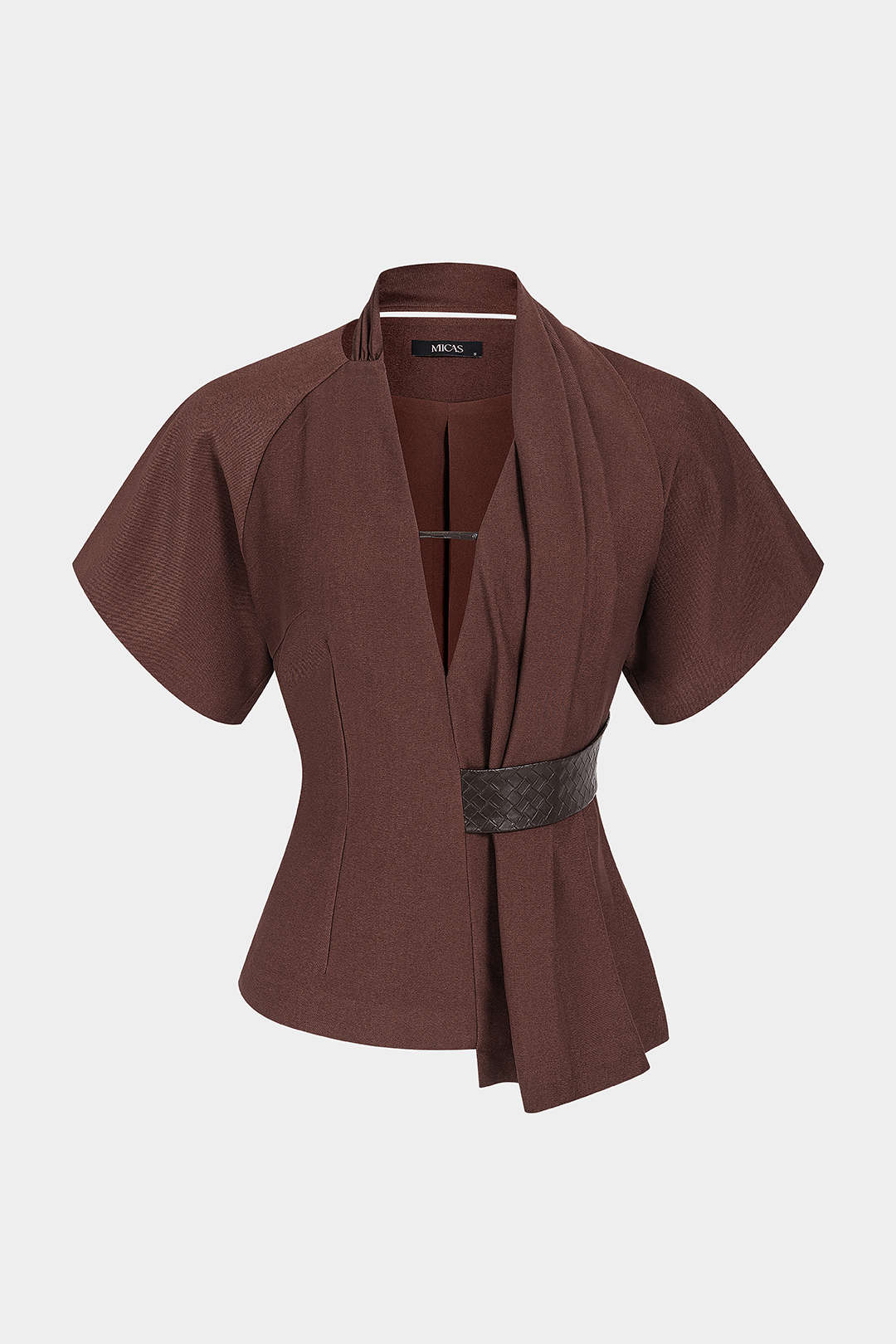 Leren-look patchwork blouse met V-hals en ruches