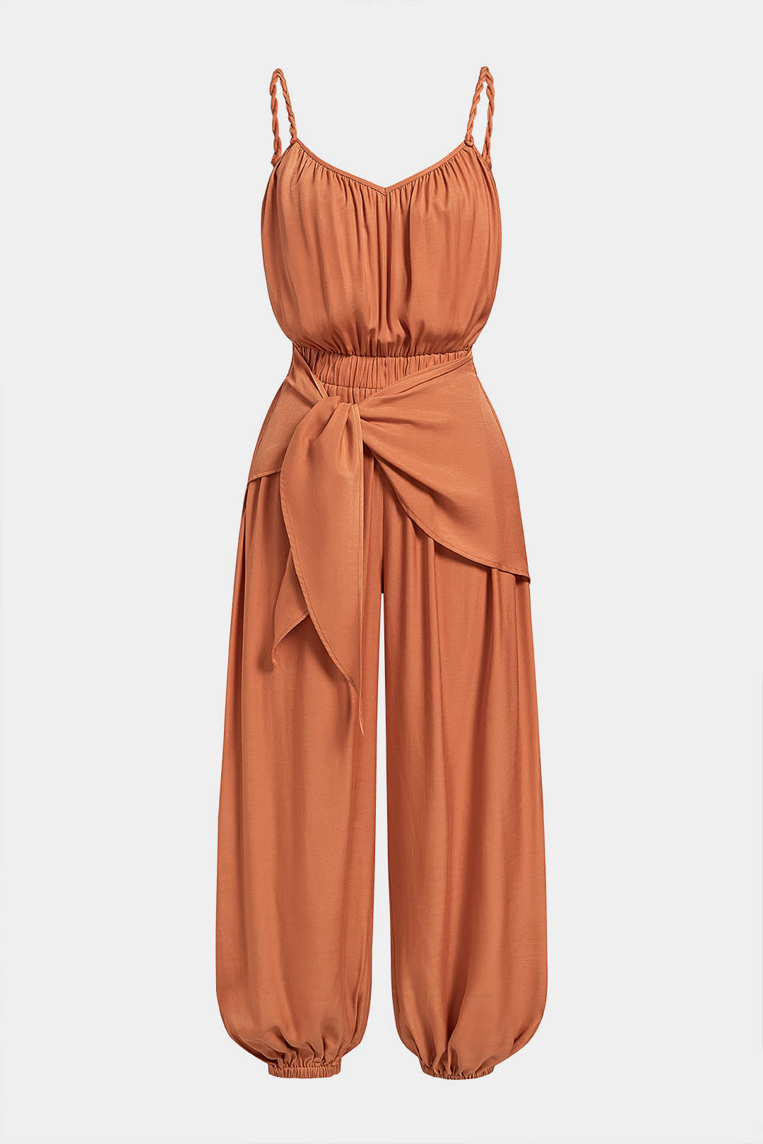 Mouwloze jumpsuit met V-hals, gedraaid detail en knoopdetail