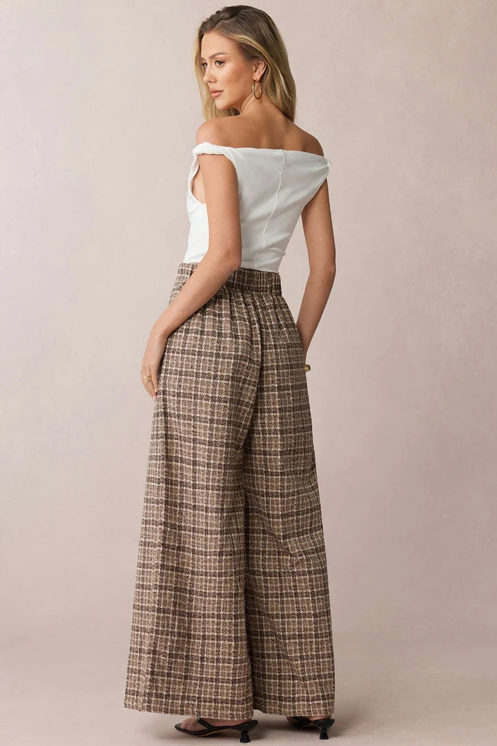 Checked, double-sided high-waisted trousers