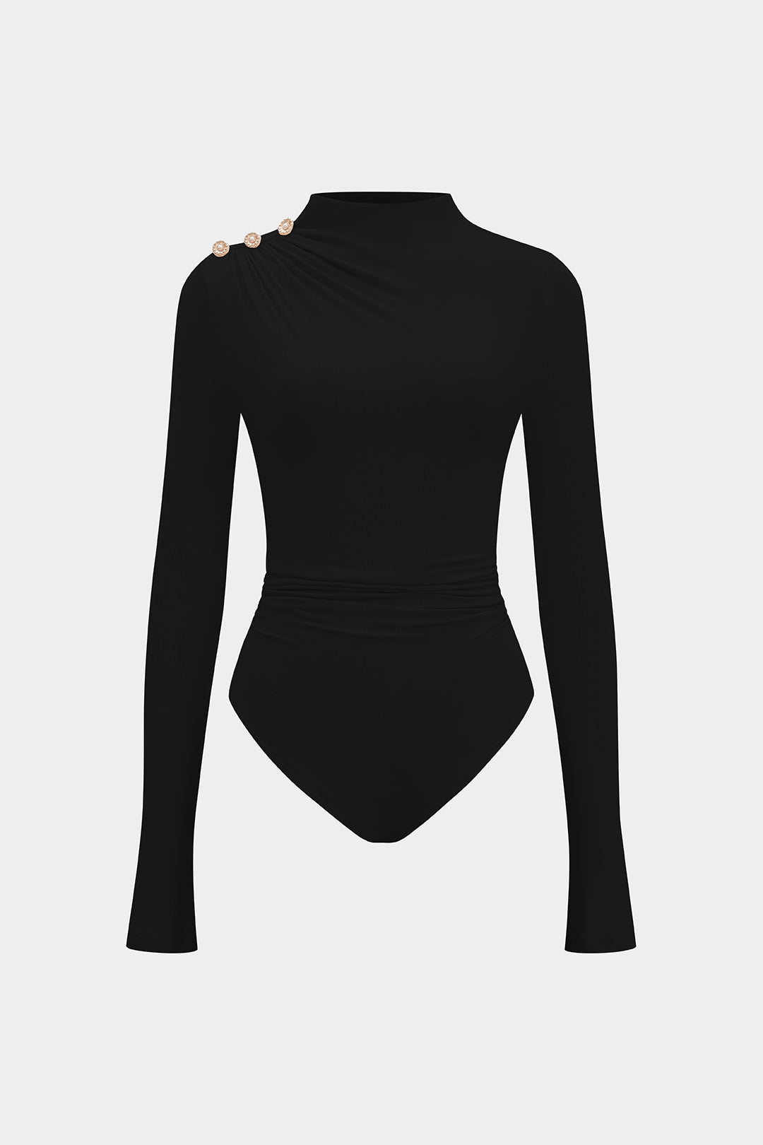 Asymmetrische body met knoopjes, ruches en lange mouwen