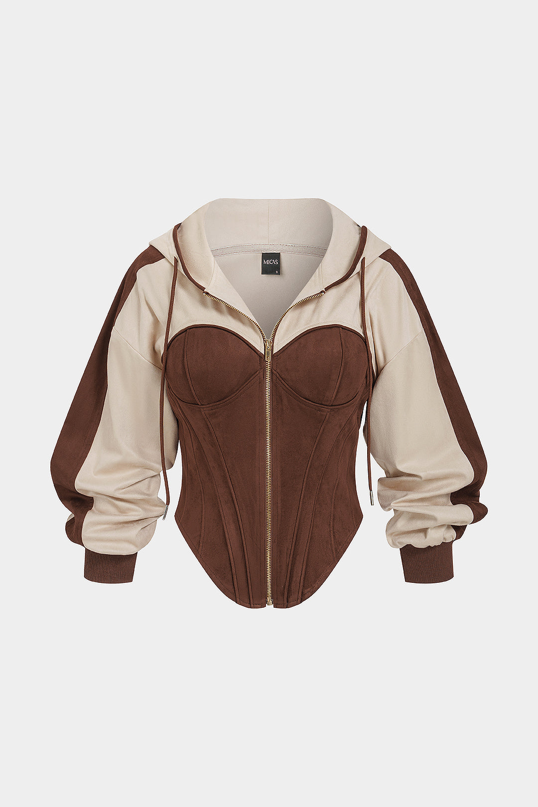Patchwork hoodie met rits en trekkoord