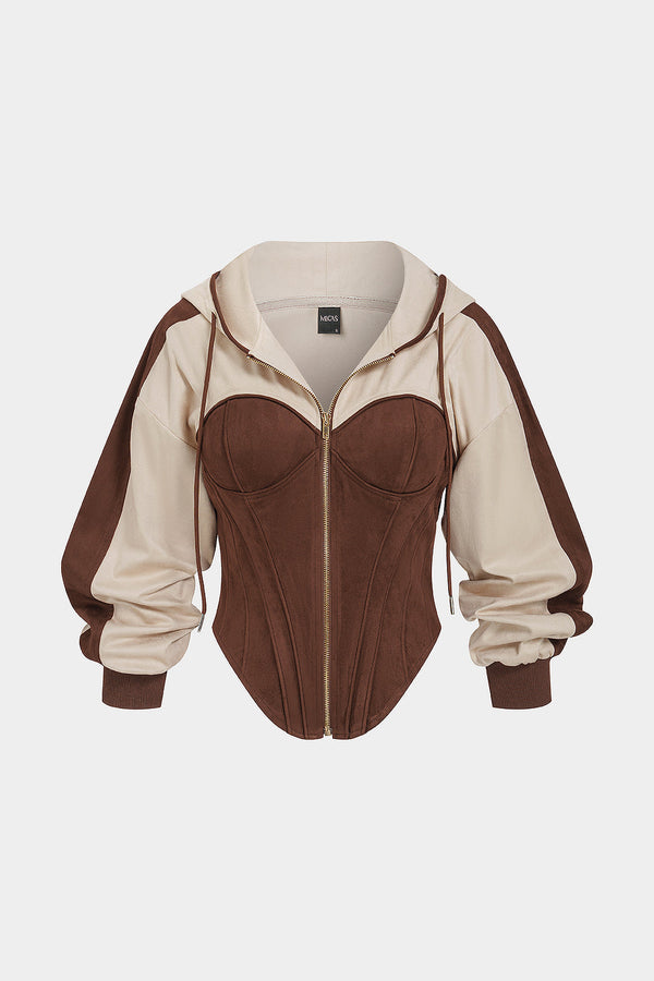 Patchwork hoodie met rits en trekkoord