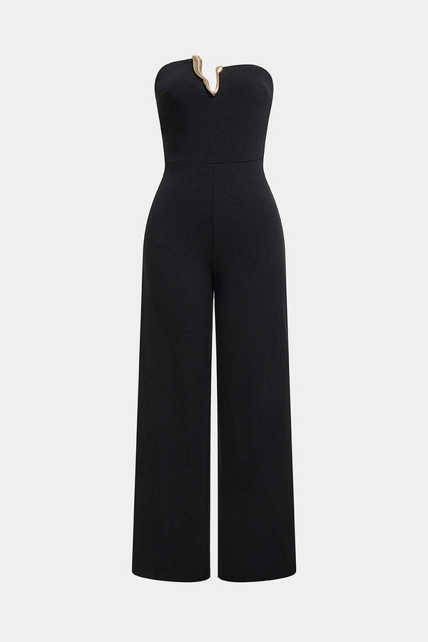 Metallic jumpsuit met strapless pasvorm en wijde pijpen
