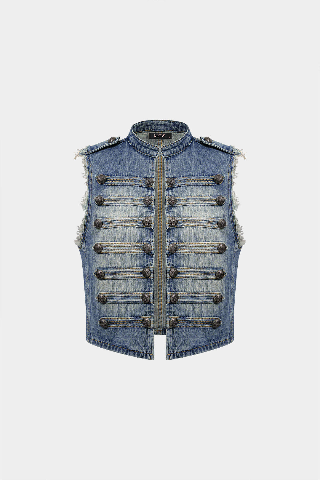 Denim gilet met knoopjes en rafelrand