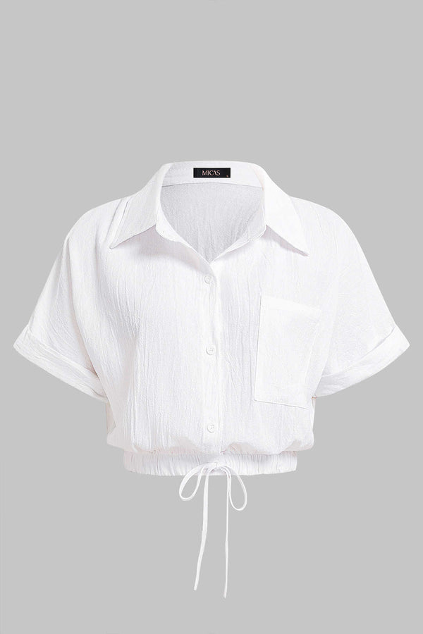 Blouse met revers, trekkoord en korte mouwen