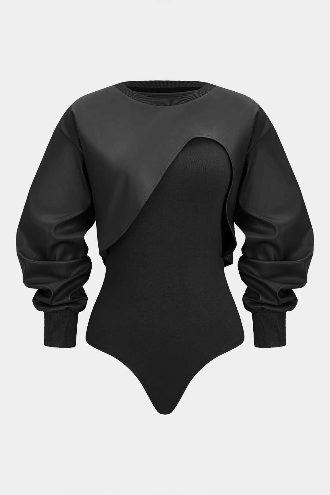 Hailey - Leren-look patchwork body met ronde hals en lange mouwen