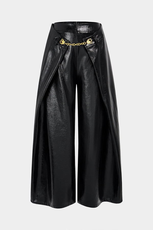 Leren-look metallic broek met kettingdetail en wijde pijpen