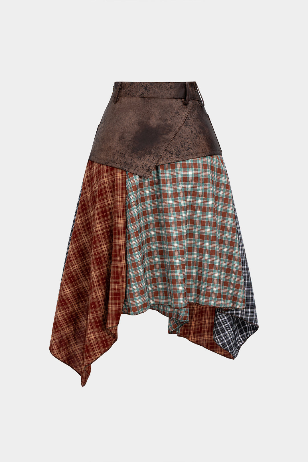 Geruite leren-look rok met asymmetrische zoom