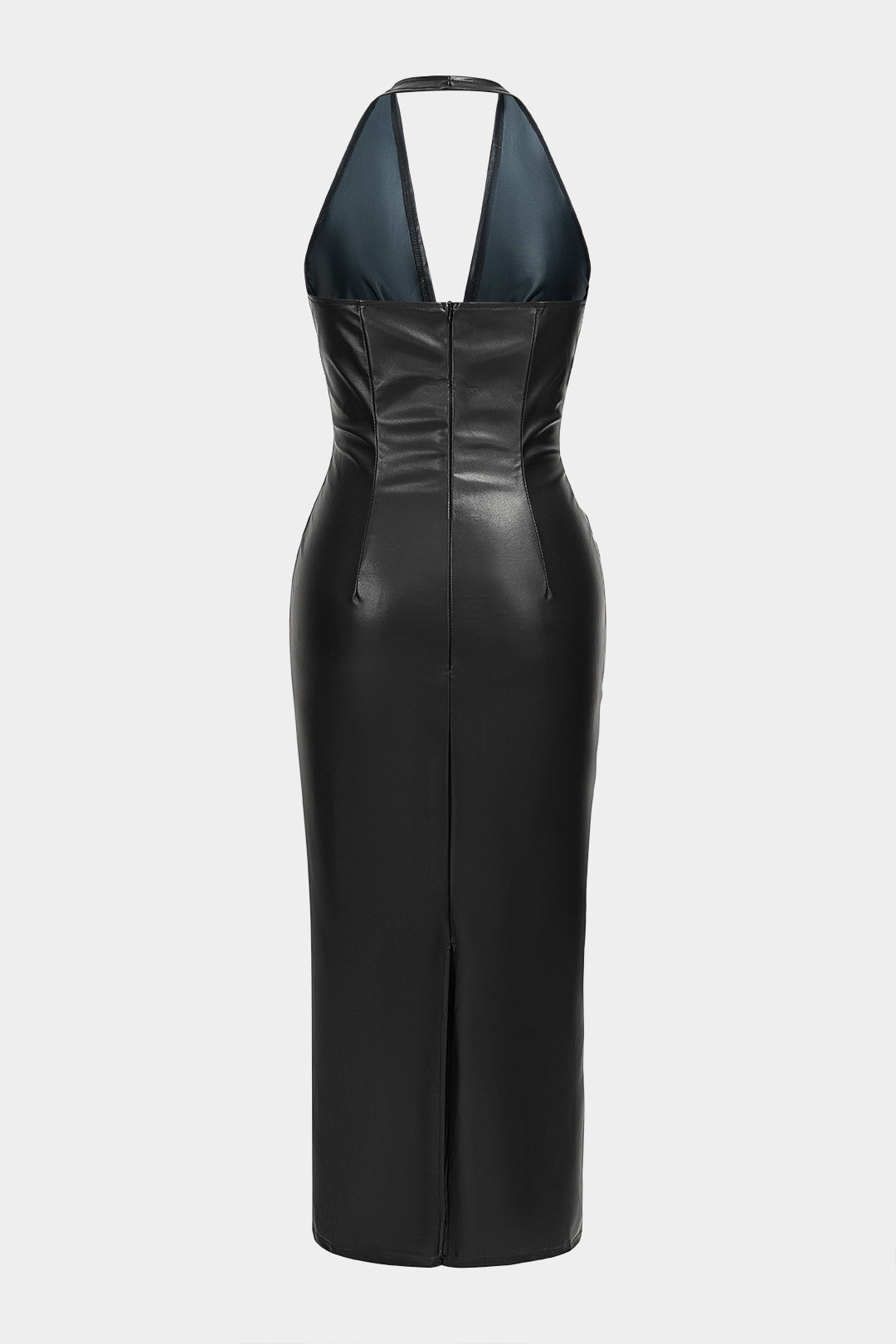 Leren-look mouwloze maxijurk met ruches en halternek