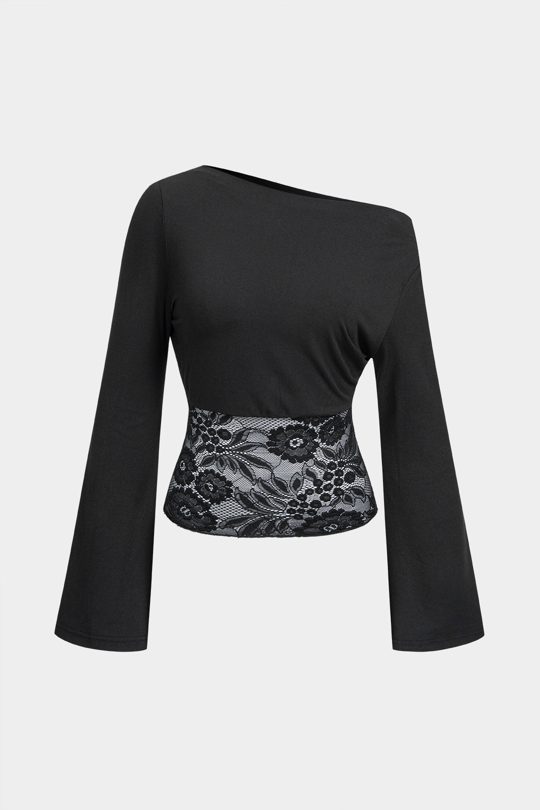 Daphne - Patchwork top met kant, één schouder en lange mouwen