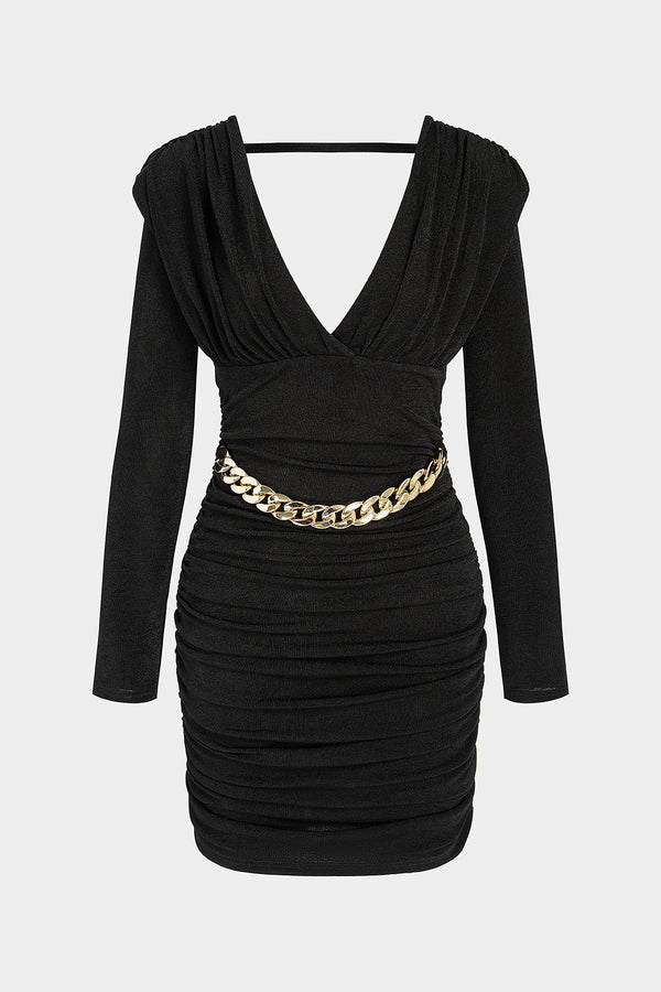 Metallic minijurk met V-hals en lange mouwen