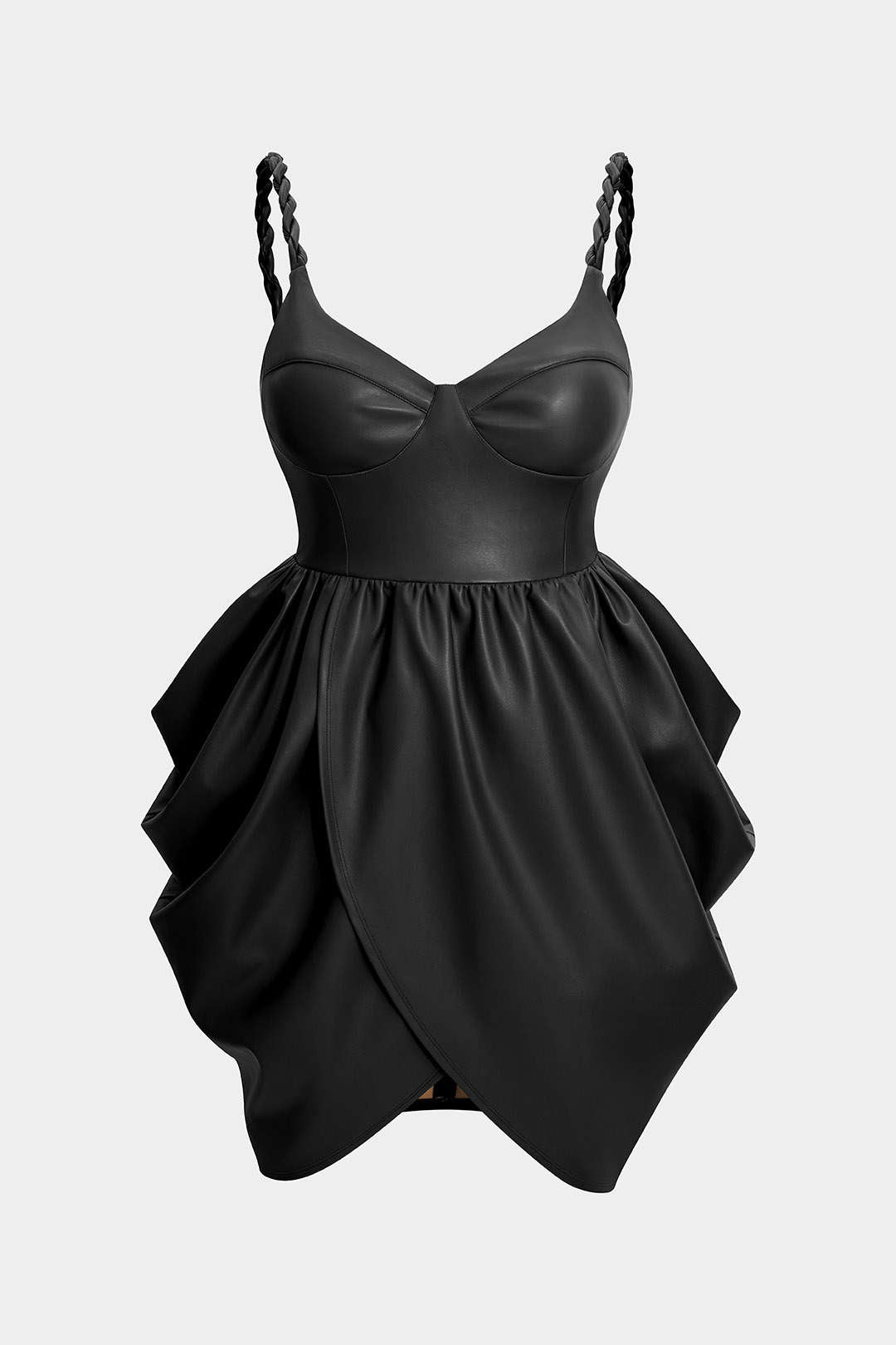 Leren-look mouwloze minijurk met rits en ruches