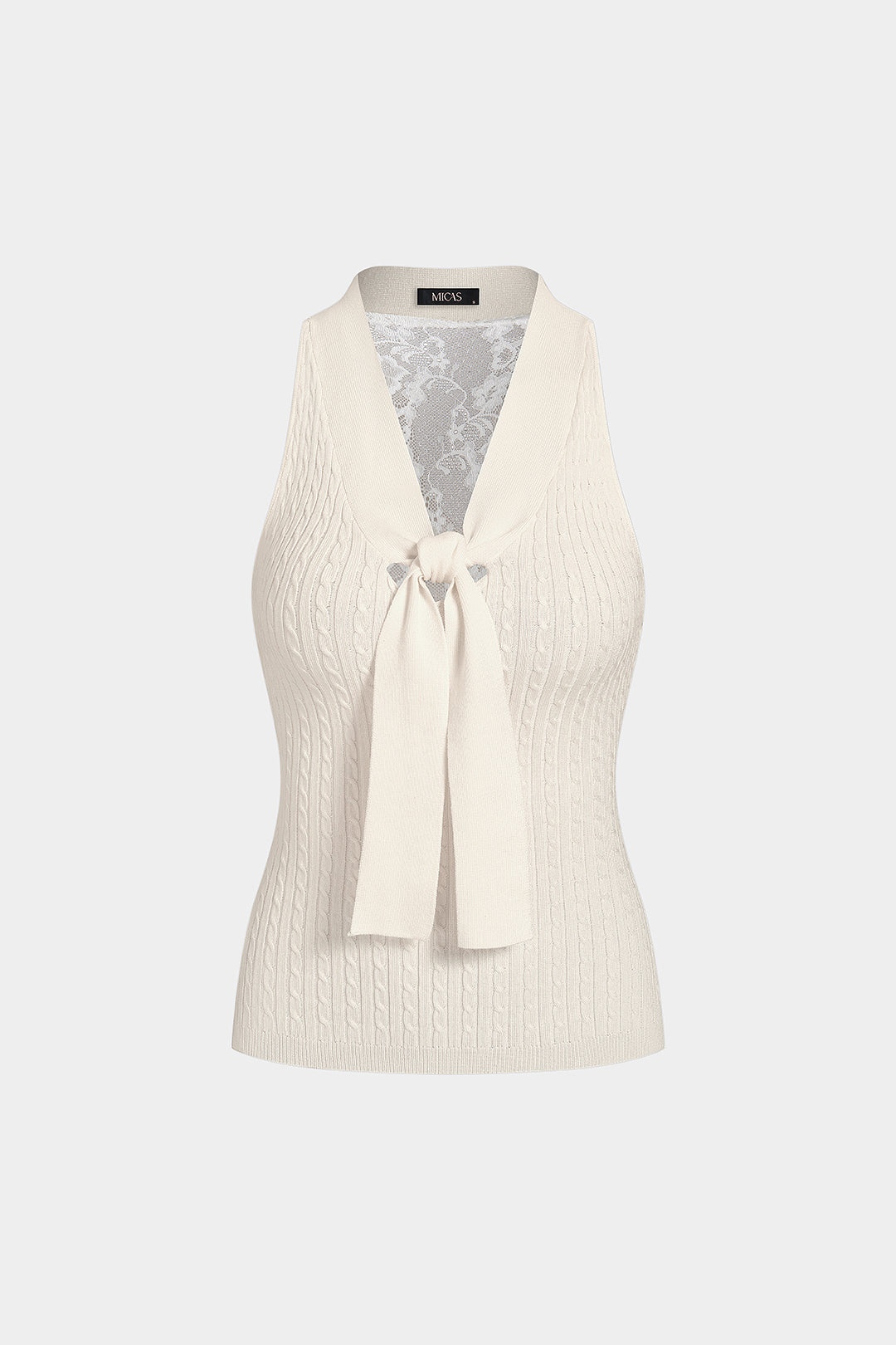 Gebreide patchwork tanktop met kant, V-hals en strik