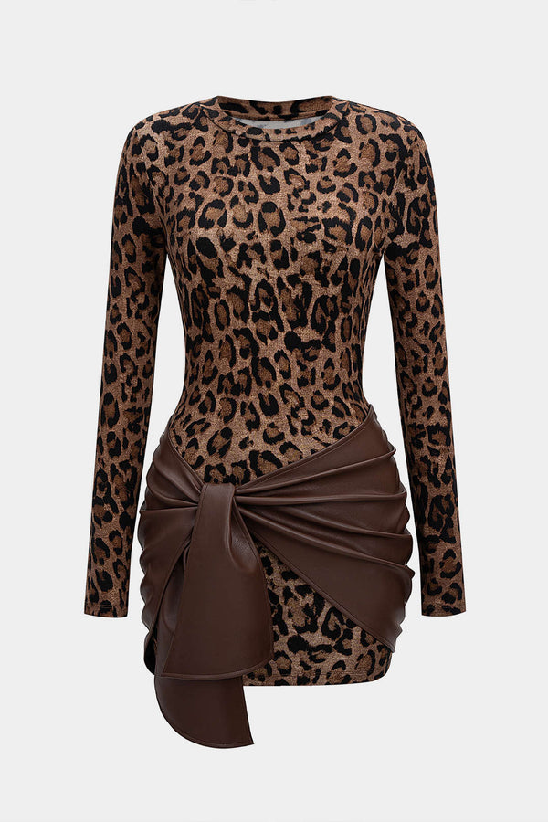Luipaardprint leren-look minijurk met lange mouwen