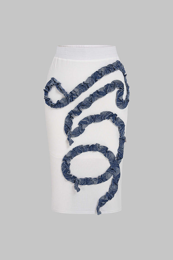 Patchwork denim rok met ruches