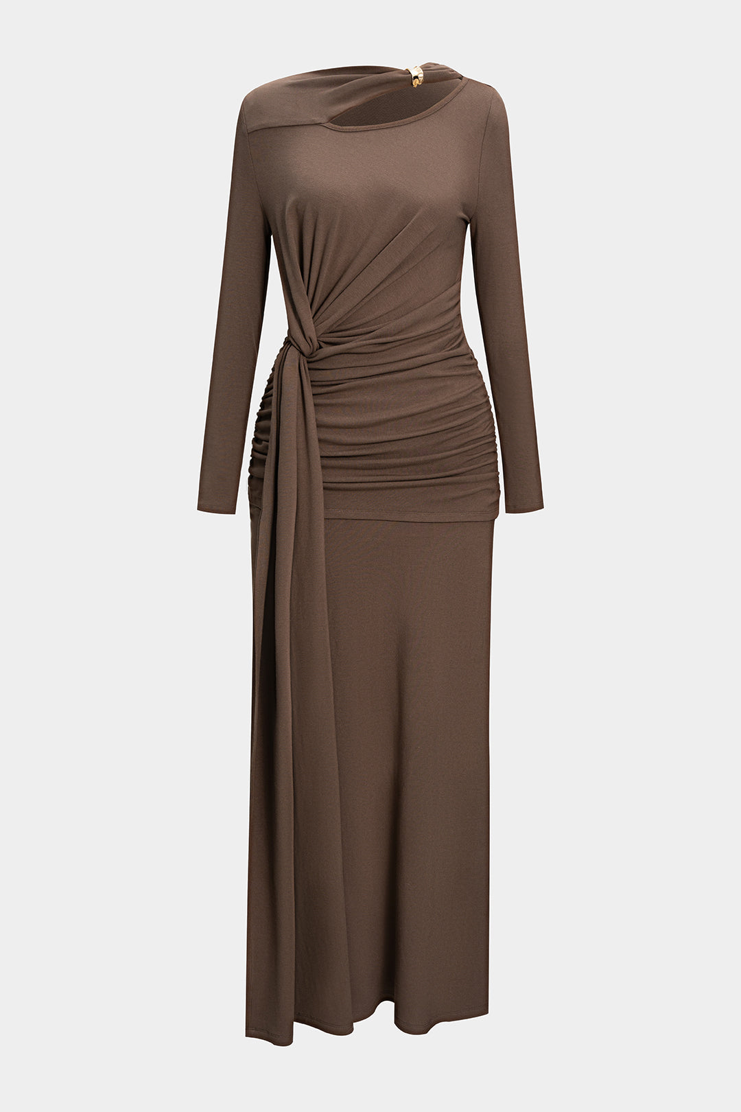 Xenia - Metallic asymmetrische maxijurk met ruches en lange mouwen