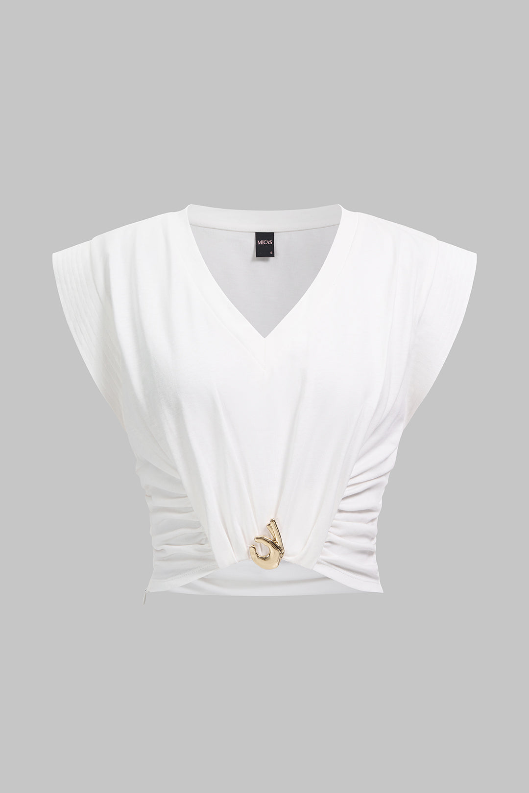 Metallic T-shirt met V-hals, ruches en korte mouwen