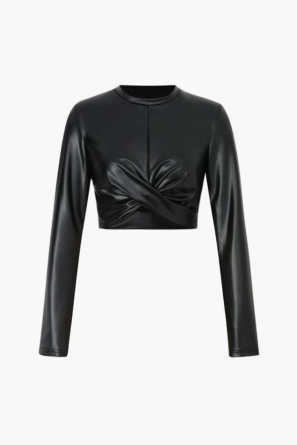 Leren-look top met gedraaid detail en lange mouwen