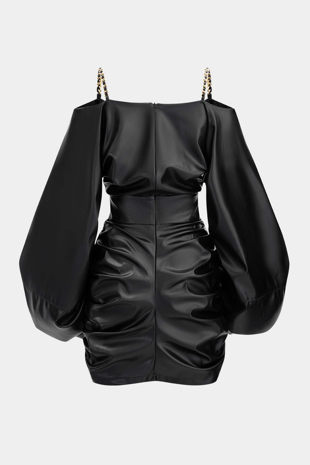Gwen - Leren-look metallic minijurk met kettingdetail en ruches