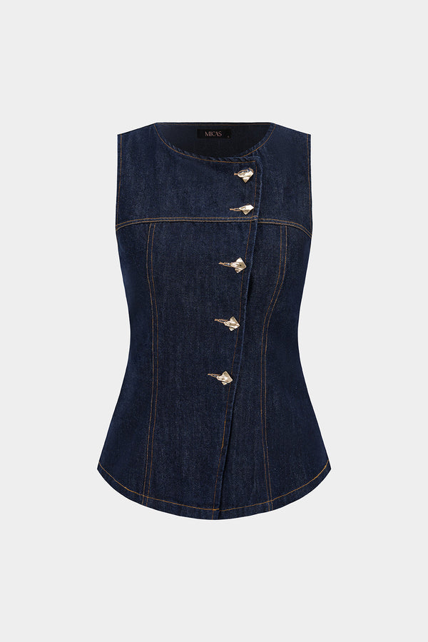 Denim asymmetrische tanktop met ronde hals en knoopjes