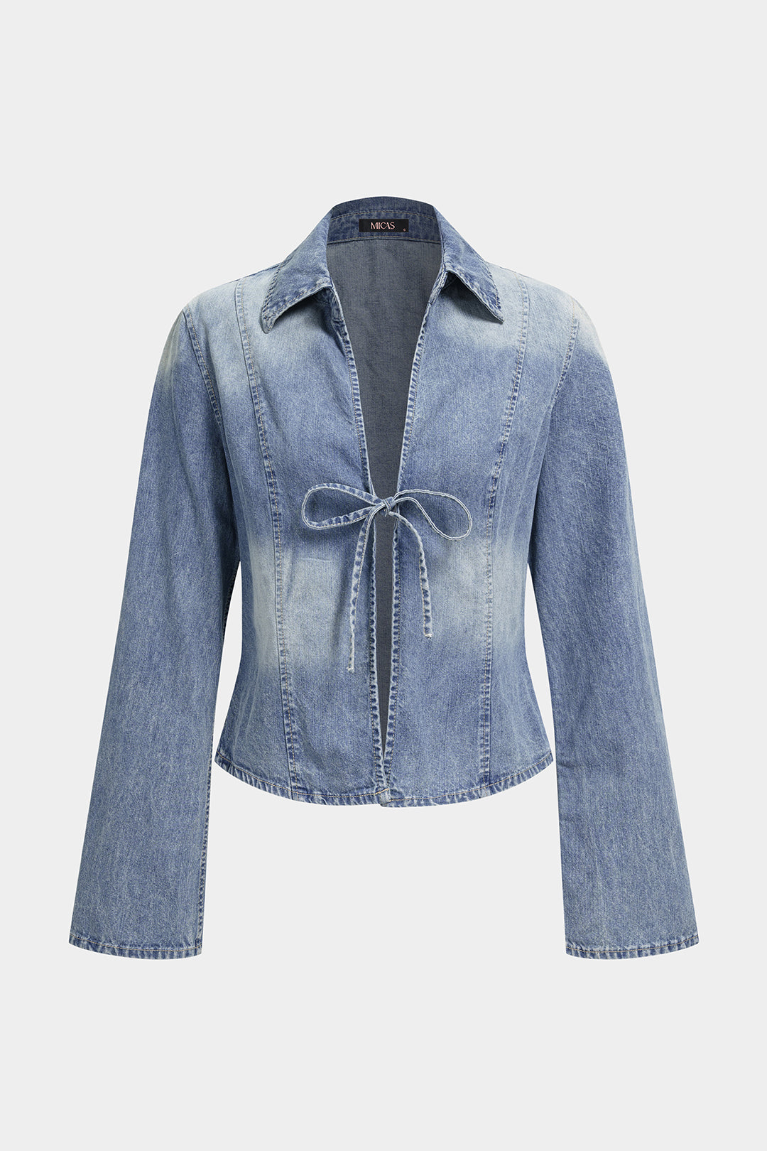 Denim blouse met strik, knoopdetail en lange mouwen