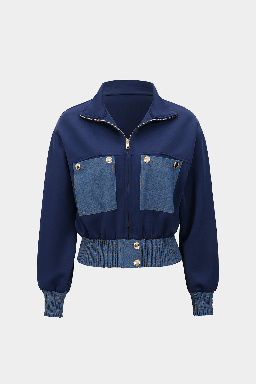 Denim patchwork jasje met smokwerk en rits