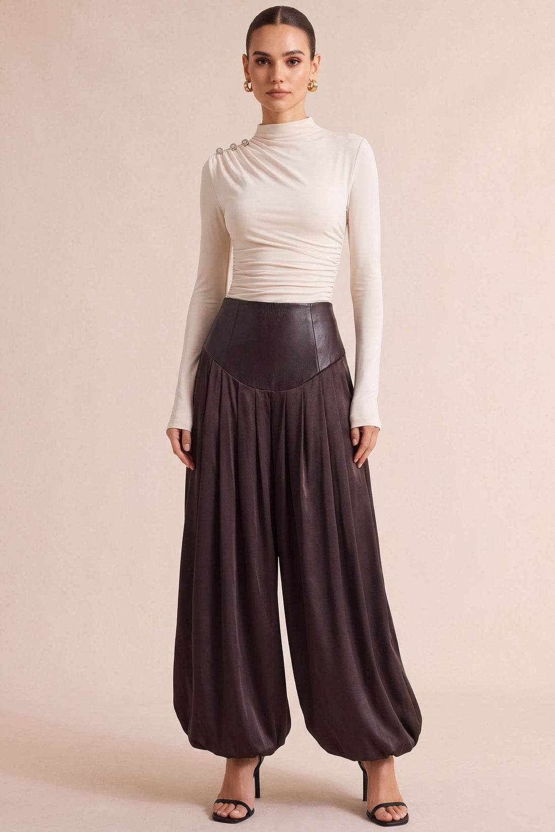 Elodie - Leren-look patchwork broek met ballonmodel