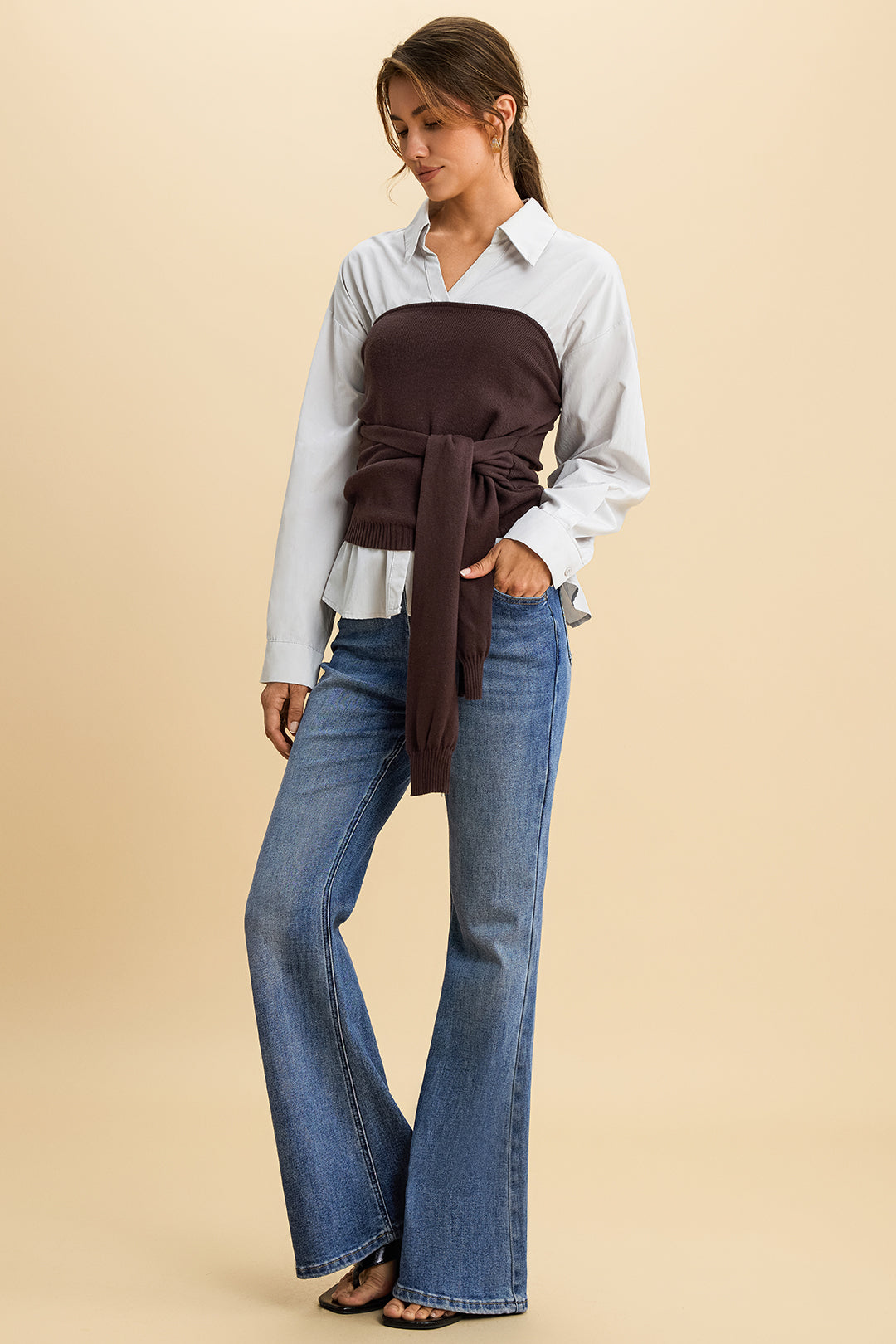 Effen patchwork blouse met strik voor en lange mouwen