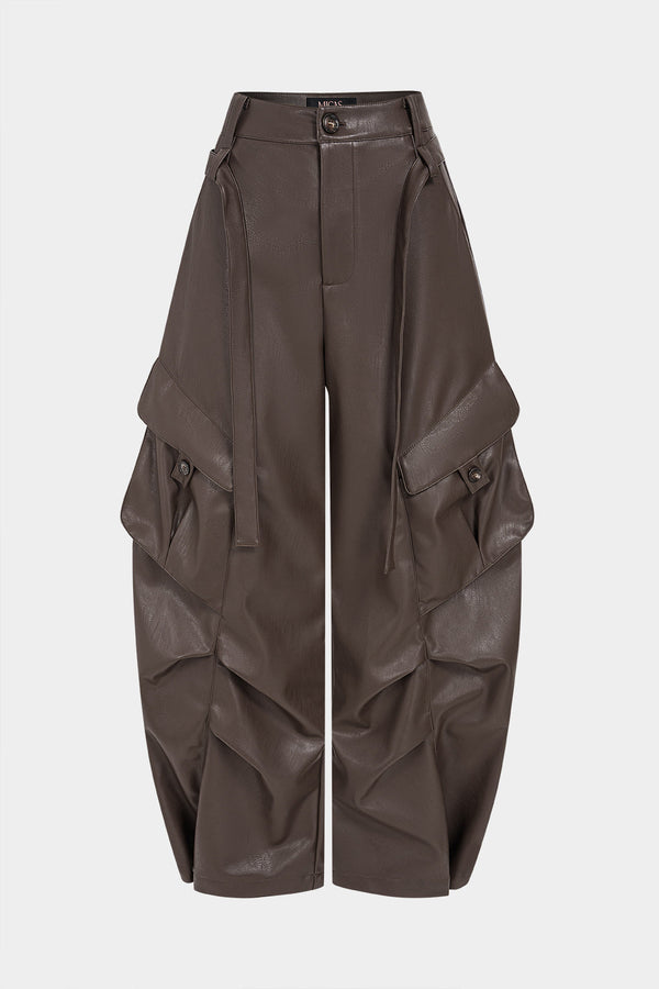 Leren-look broek met ruches, zakken en ballonmodel
