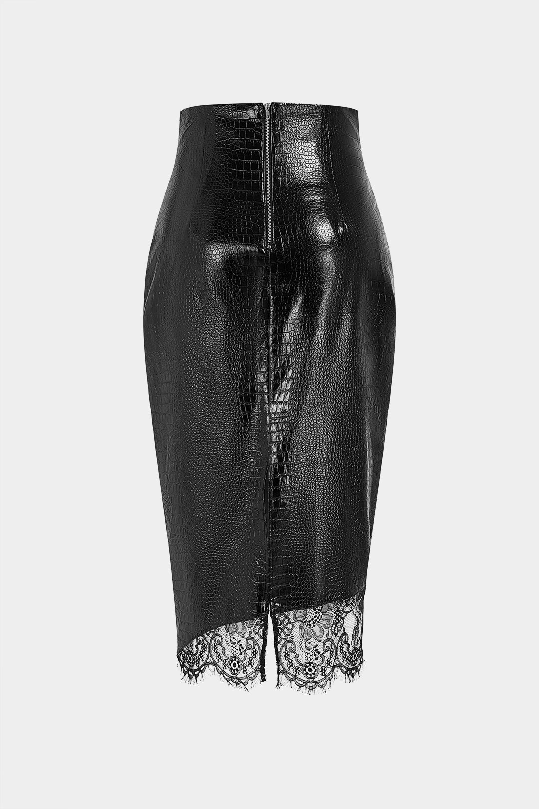 Leren-look patchwork rok met kanten rand en hoge taille