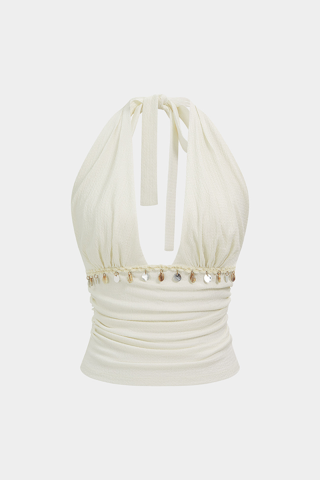 Tanktop met halternek, V-hals en franjes