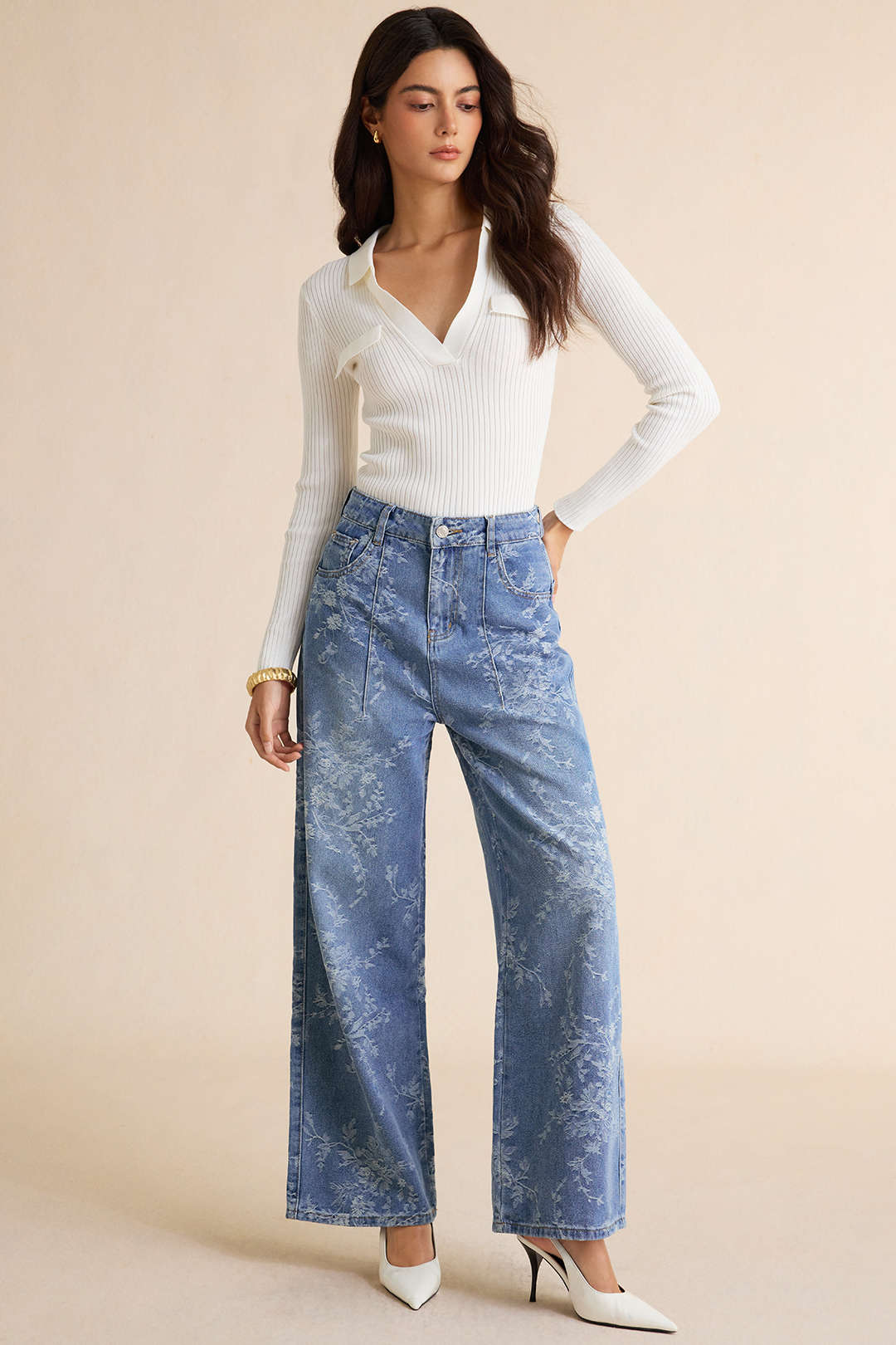 Jacquard jeans met wijde pijpen