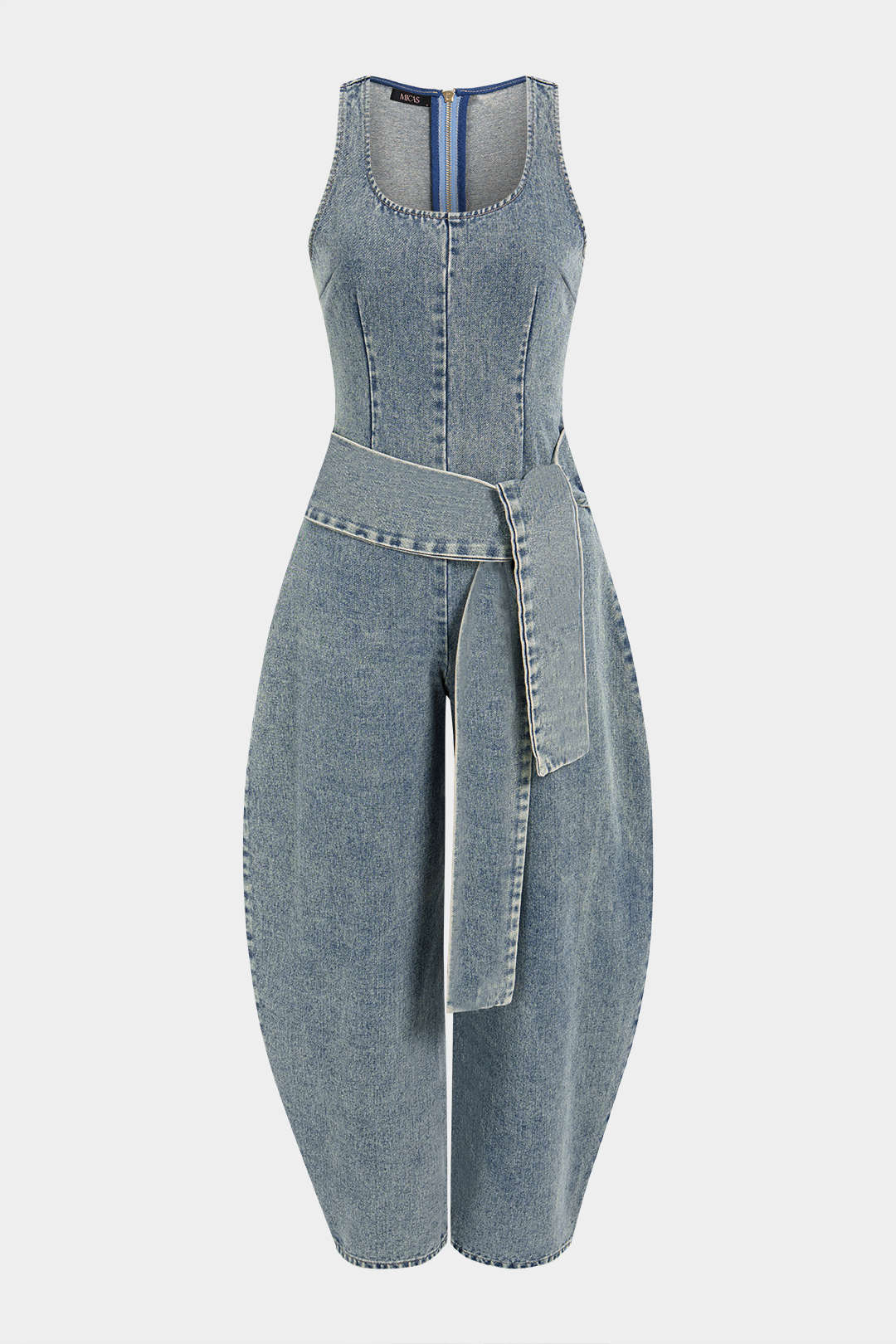 Denim mouwloze jumpsuit met ronde hals, strik en ballonmodel