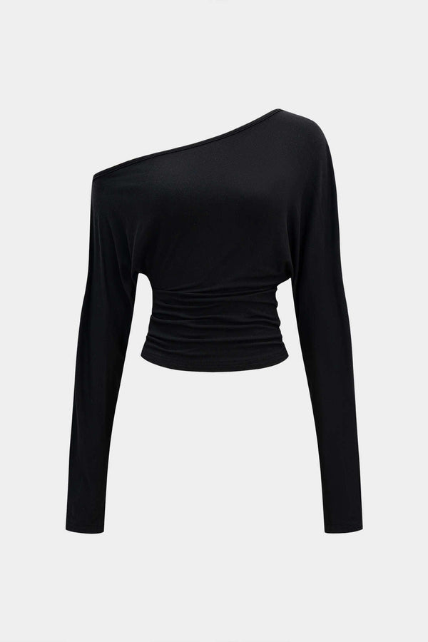 Asymmetrische top met uitsnijding, ruches en lange mouwen
