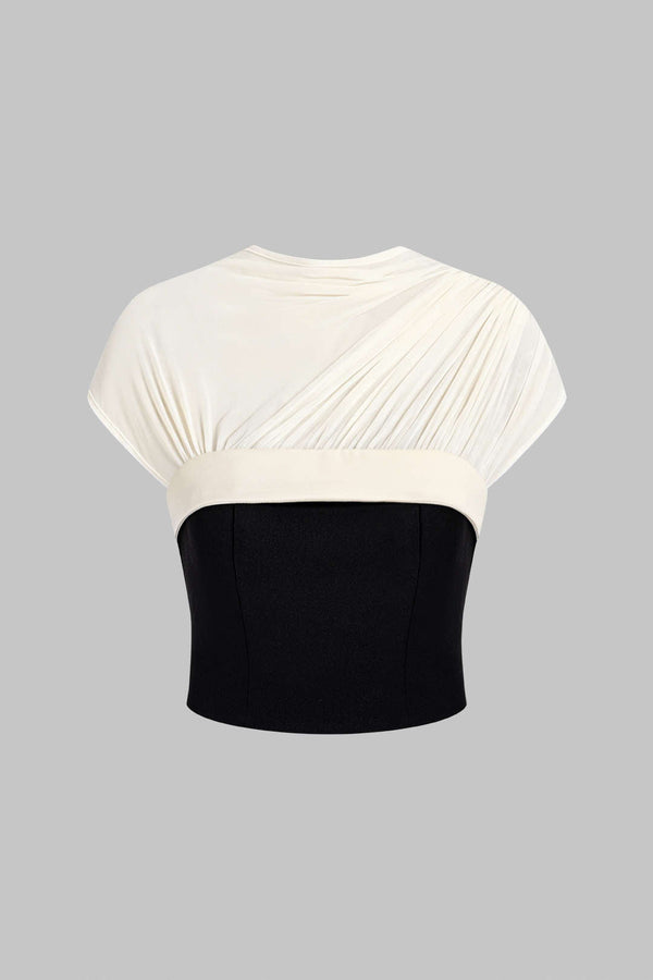 Mesh patchwork blouse met ruches, rits en korte mouwen